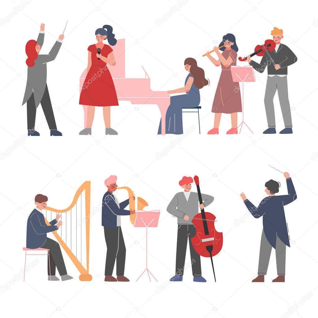 Musician Characters Playing Musical Instruments Set, Playing Violin, Classical Instrumental Symphony Orchestra Performers Flat Style Vector Illustration