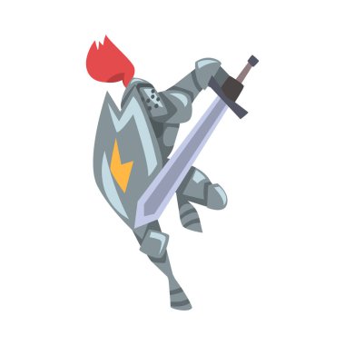 Ortaçağ Şövalyesi, Metal Zırhlı Savaşçı Karakteri Kalkanla ve Kılıç Çizgi Filmi Tarzı Vektör İllüstrasyonuyla Koşuyor