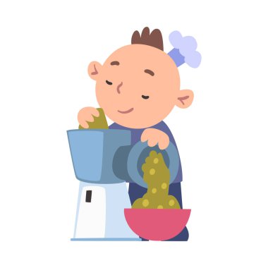 Et Öğütücüsüyle Aşçı Çocuk, Beyaz Şapka Giyen Şirin Çocuk Aşçı Karakteri ve Mutfak Çizgi Film Tarzı Vektör İllüstrasyonunda Önlük Giyen Lezzetli Yemek