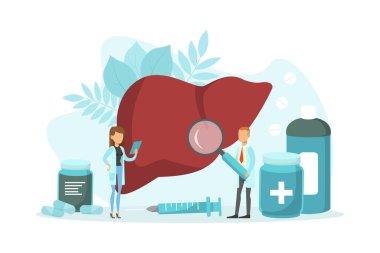 Küçük Doktorlar Büyüteçle Büyük İnsan Karaciğerini İncelerken, Erkek ve Kadın Doktorlar Tıbbi Araştırma Düz Vektör Çizimi Yapıyor
