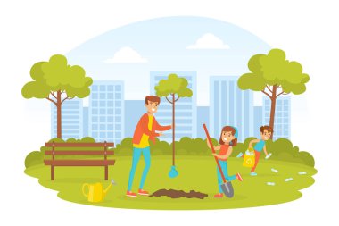 Ekoloji, Genç Kadın ve İki Çocuğa Bakan İnsanlar Park, Ekoloji ve Çevre Koruma Konsepti Düz Vektör İllüzyonu 'na Ağaç Dikiyor