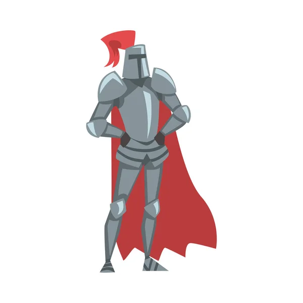 Középkori lovag, lovagiasság harcos karakter teljes fém test páncél és piros köpeny rajzfilm stílus vektor illusztráció — Stock Vector