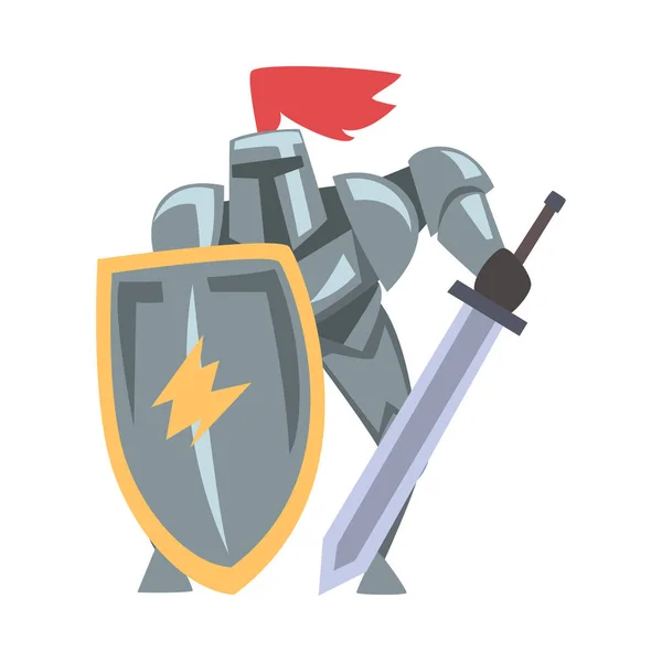 Caballero medieval en la lucha contra la postura, personaje guerrero caballería en armadura de cuerpo de metal completo con escudo y espada Dibujos animados Estilo Vector Ilustración — Vector de stock