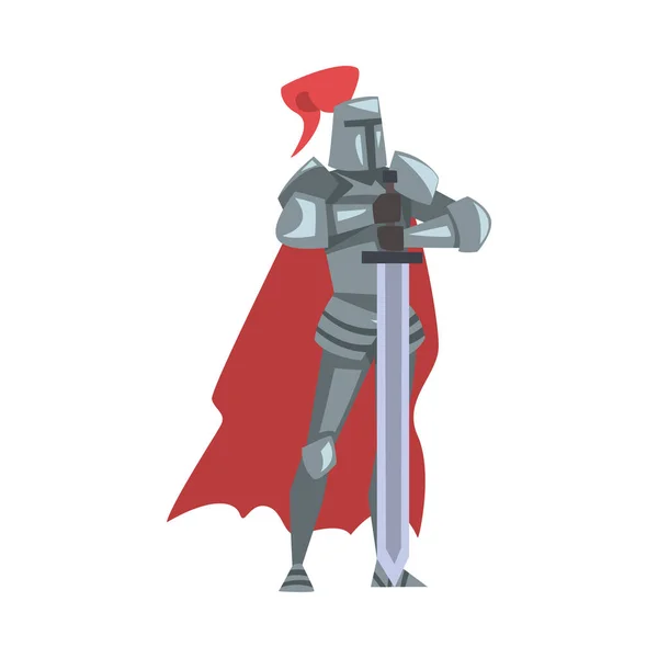 Caballero medieval, personaje guerrero caballería en armadura de cuerpo pesado completo con espada Dibujos animados Estilo Vector Ilustración — Vector de stock