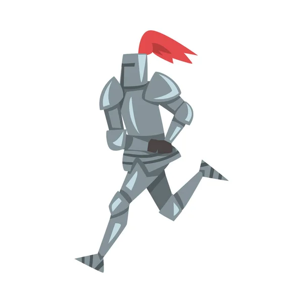 Cavaliere medievale in esecuzione, cavaliere guerriero personaggio in pieno metallo corpo armatura con scudo e spada stile cartone animato illustrazione vettoriale — Vettoriale Stock