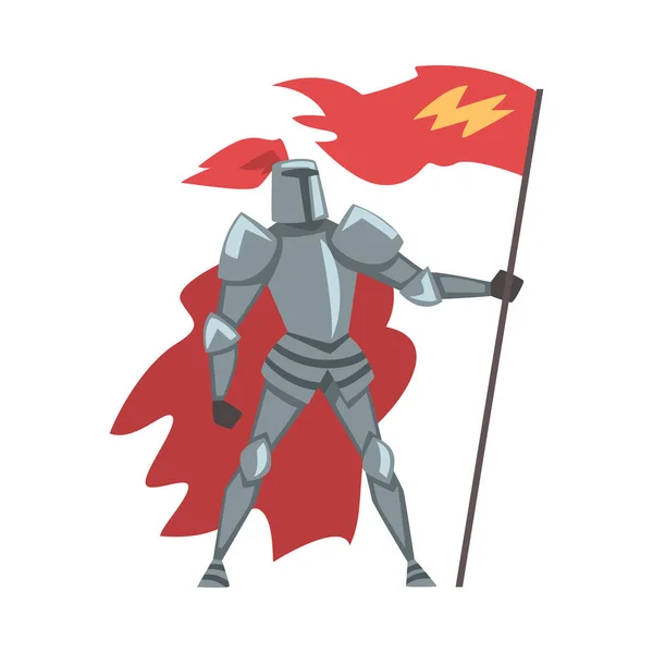 Medieval Knight with Red Flag, Chivalry Warrior Character in Full Metal Body Armor and Red Cape Cartoon Style Vector Illustration — Stock Vector