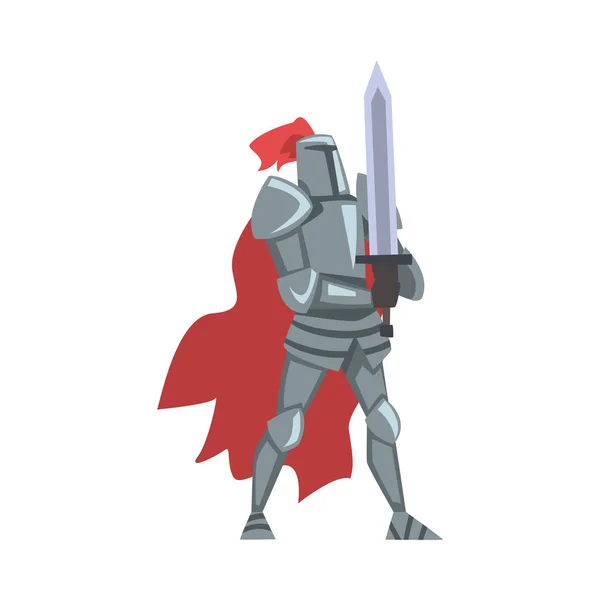 Caballero medieval, personaje guerrero valiente caballería en armadura de cuerpo pesado completo con espada Dibujos animados Estilo Vector Ilustración — Vector de stock