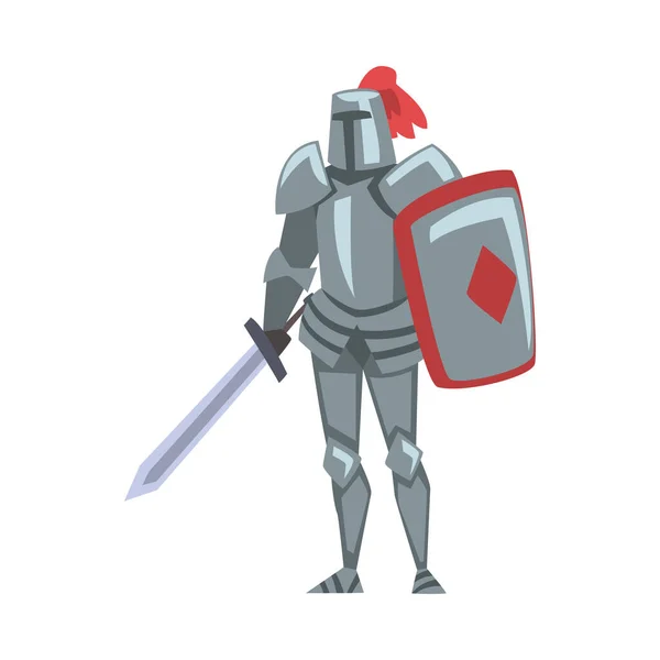 Cavaliere medievale, cavaliere guerriero personaggio in pieno metallo corpo armatura con scudo e spada stile cartone animato illustrazione vettoriale — Vettoriale Stock
