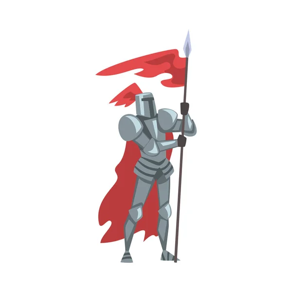 Medieval Knight with Red Flag, Chivalry Warrior Character in Full Heavy Body Armor Cartoon Style Vector Illustration — Stock Vector