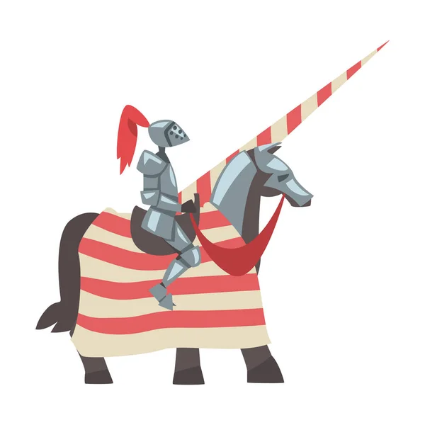 Középkori lovag lóháton lándzsával, lovagi harcos karakter teljes fém test páncél pajzs és kard Rajzfilm stílus vektor illusztráció — Stock Vector