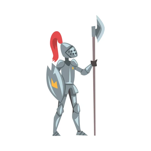 Ortaçağ Şövalyesi, Metal Zırhlı Kahraman Karakteri Kalkan ve Halberd Çizgi Film Tarzı Vektör İllüstrasyonu — Stok Vektör