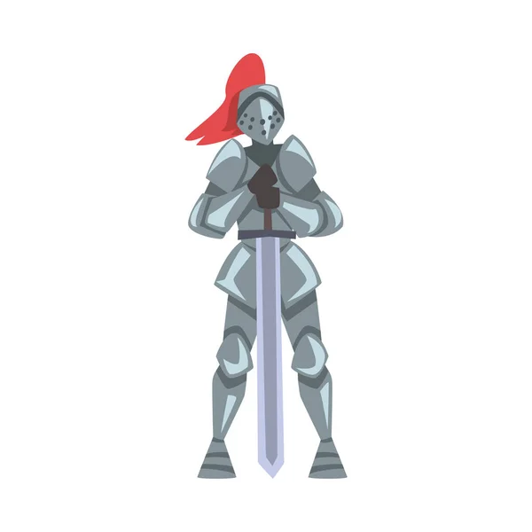 Caballero medieval, personaje guerrero de caballería en armadura de cuerpo de metal completo de pie con espada Dibujos animados Estilo Vector Ilustración — Vector de stock