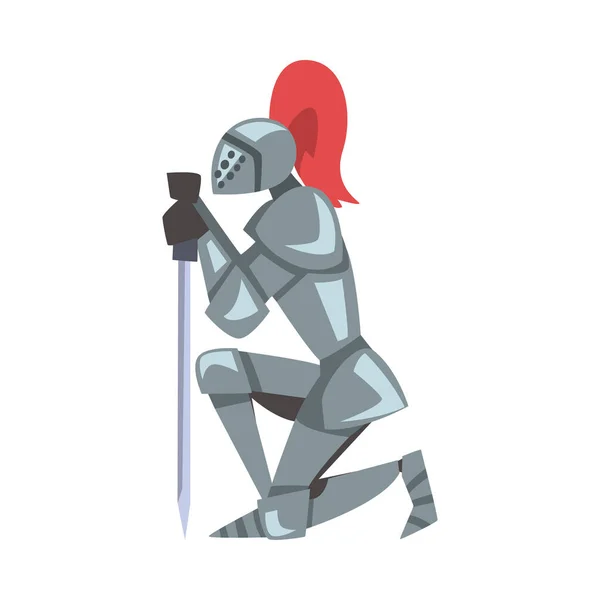Middeleeuwse knielende ridder met zwaard, ridderfiguur in volledig metalen harnas, zijaanzicht cartoon stijl vectorillustratie — Stockvector