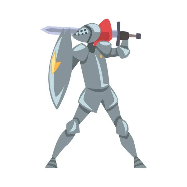 Cavaliere medievale che combatte con scudo e spada, cavaliere guerriero personaggio in pieno metallo corpo armatura stile cartone animato illustrazione vettoriale — Vettoriale Stock