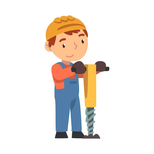 Boy Construction Worker med pneumatisk kolv, Söt liten byggare karaktär bär blå overall och hård hatt med professionella verktyg tecknad stil vektor Illustration — Stock vektor