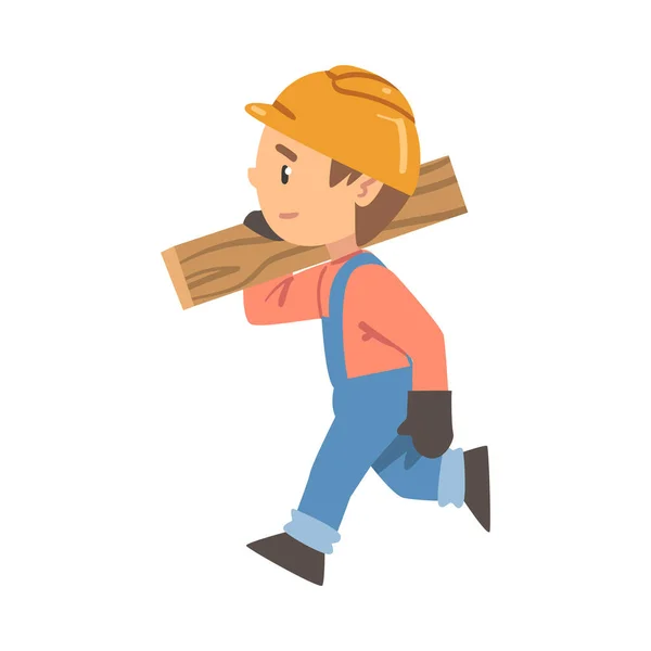 Boy Construction Worker Carrying Plank, Little Builder Character Nošení modré kombinézy a Hard Hat Cartoon Style Vector Illustration — Stockový vektor