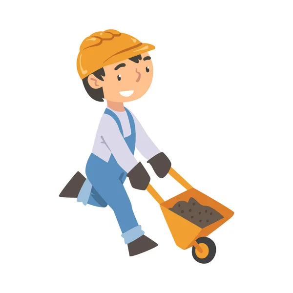 Boy Construction Worker Pushing Wheelbarrow, Roztomilý malý Builder Charakter Nošení Modré kombinézy a Hard Hat Cartoon Style Vector Illustration — Stockový vektor
