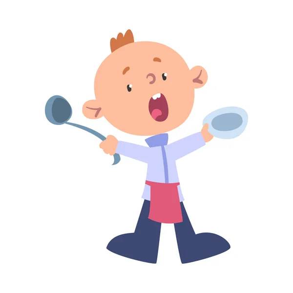 Jongen Chef Kok met Ladle en plaat, Schattig Kind Professional Cooker karakter dragen witte hoed en schort koken heerlijk eten op keuken cartoon stijl vector illustratie — Stockvector