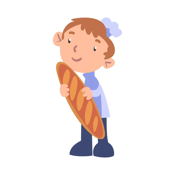 Boy Chef Cook Holding Loaf of Bread, Cute Child Professional Cooker Caracter Wearing White Hat and Delantal Cooking Delicious Food on Kitchen Cartoon Style Vector Illustration — Vector de stock