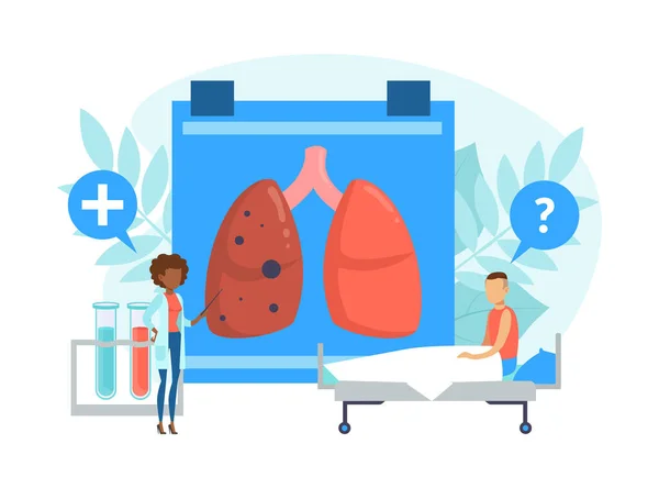患者の巨大な人間の肺を調べる小さな医師,内部器官フラットベクトルイラストの病気と治療 — ストックベクタ