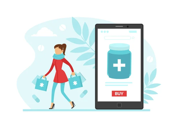 Інтернет-аптека, жінка купує ліки через смартфон Плоска Векторна ілюстрація — стоковий вектор