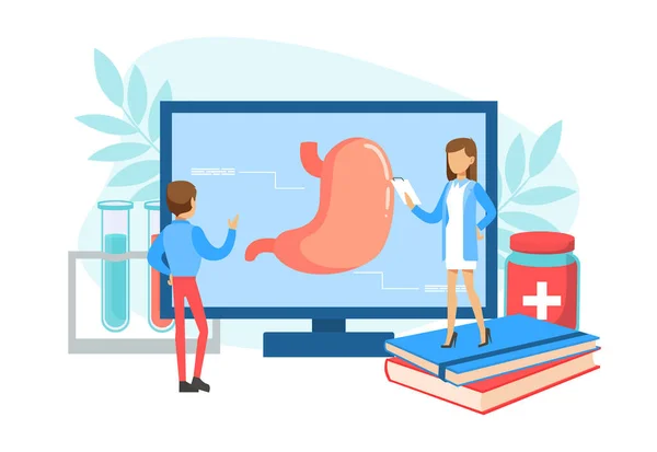 Malutki Gastroenterolog Lekarze Badanie żołądka na ekranie komputera, Mężczyzna i kobieta Lekarze Wykonywanie badań medycznych, Online Doctor Consultation Technology Vector Ilustracja. — Wektor stockowy