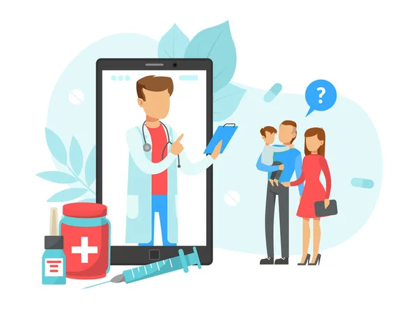 Pazienti che consultano il medico di famiglia maschile tramite smartphone, Tecnologia di consultazione medica online, Illustrazione vettoriale piatta — Vettoriale Stock