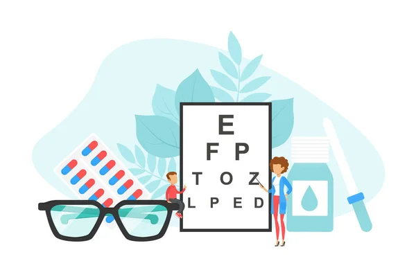 Mały okulista Lekarz Sprawdzający Wizję Pacjenta, Okulistyka, Eye Health Concept Flat Vector Illustration — Wektor stockowy