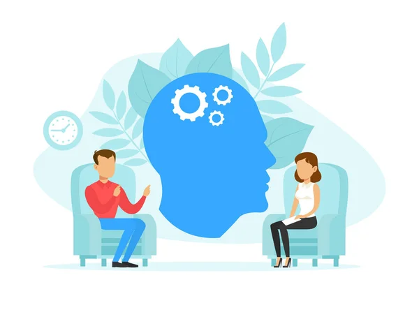 Frau Psychologin und Mann Patientin in Therapiesitzung, Psychotherapie Beratungskonzept Flat Vector Illustration — Stockvektor