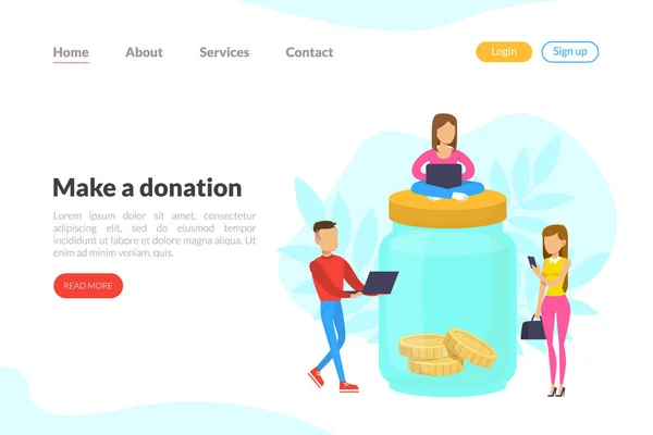 Κάντε ένα πρότυπο Landing Δωρεά Page, Οι άνθρωποι που δωρίζουν χρήματα για φιλανθρωπία, εθελοντισμό και φιλανθρωπική ιδέα επίπεδη διανυσματική εικονογράφηση — Διανυσματικό Αρχείο