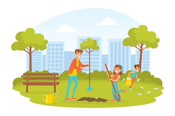 Lidé pečující o ekologii, mladé ženy a dvě děti sázet stromy v parku, ekologie a ochrana životního prostředí koncepce ploché vektorové ilustrace — Stockový vektor