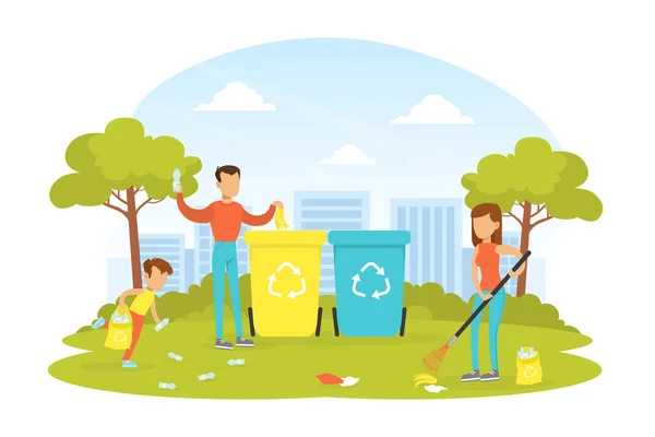 Pessoas cuidando de ecologia, família coletando e colocando lixo em lixeiras, ecologia e meio ambiente conceito de proteção Ilustração vetorial plana — Vetor de Stock