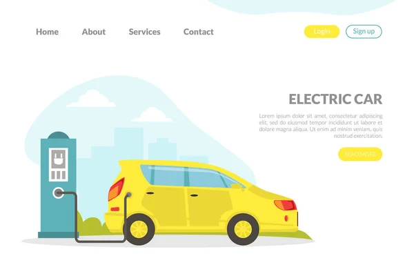 Pagina de destinație a mașinilor electrice, Vehicul hibrid la stația de încărcare, conceptul de îngrijire și protecție a mediului Ilustrație vectorială plană — Vector de stoc
