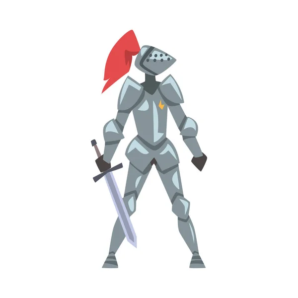 Caballero medieval, personaje guerrero de caballería en armadura de cuerpo de metal completo con escudo y espada Estilo de dibujos animados Vector Ilustración Aislado sobre fondo blanco — Vector de stock
