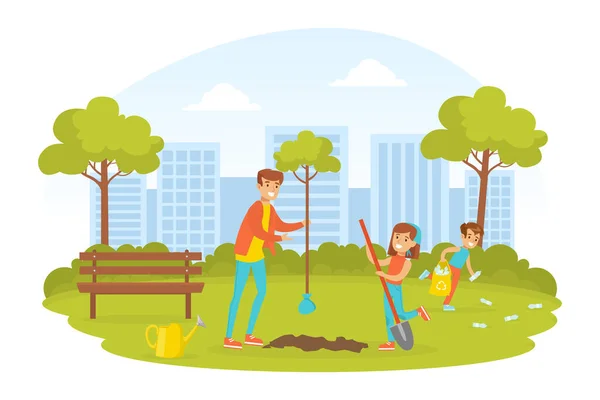 People Taking Care about Ecology, Young Woman and Two Children Planting Trees in Park, Ecology and Environment Protection Concept Flat Vector Illustration Vector Graphics
