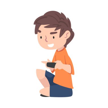 Oyun Konsolunda Oyun Oynayan Heyecanlı Çocuk, Çocuk Tutucu Çizgi Film Stili Vektör İllüstrasyonu