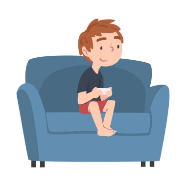 Joystick 'le Kol Sandalyesinde Oturan Yakışıklı Çocuk, Bilgisayar Oyunu Oynayan Genç Çocuk, Beyaz Arkaplanda İzole Edilmiş Video Oyunu Stili Vektör İlülasyonu