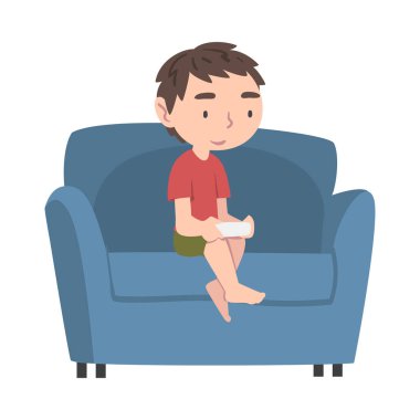 Joystick 'le Kol Sandalyesinde Oturan Çocuk, Video Bilgisayar Oyunu Çizgi Film Stili Resimleri Oynayan Çocuk