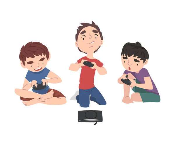Симпатичные мальчики, сидящие на полу, играющие в видеоигры, дети, развлекающиеся вместе с вектором игрового стиля мультфильма — стоковый вектор