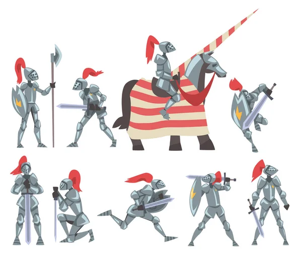 Średniowieczne rycerze zestaw, Rycerski Warrior znaków w pełnym ciężkim metalowym pancerzu ciała ze starożytnej broni styl wektorowy Ilustracja — Wektor stockowy