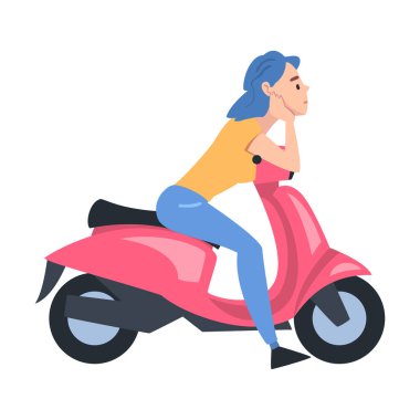 Scooter 'da oturan genç kadın, Neşeli Kız Motosiklet Süren Çizgi Film Tarzı Vektör İllüzyonu