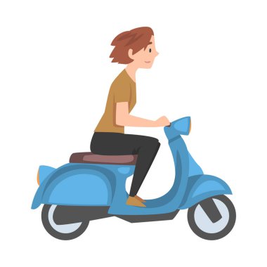 Scooter süren genç bir kadın, günlük kıyafetlerle gezen bir kız mavi motosikletli bir karikatür çiziyor.