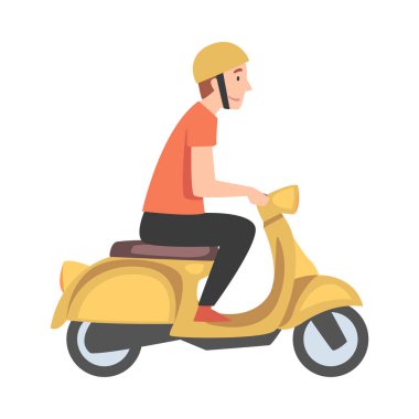 Scooter süren genç adam, Miğferli Adam Sarı Motosikletli Çizgi Film Tarzı Vektör İllüzyonu