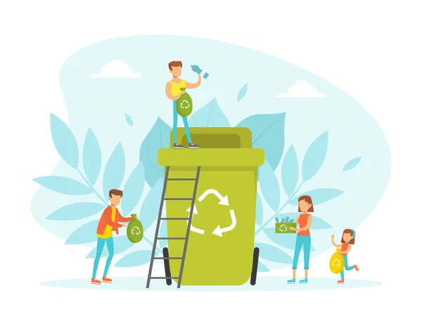 ゴミのビン、生態系と環境保護の概念にプラスチックごみを収集し、投げ小さな人々フラットベクトルイラストv — ストックベクタ