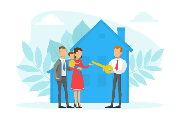 Real Estate Agent Giving Keys from New House to Family, People Buying or Renting Home Flat Vector Illustration — Stock Vector