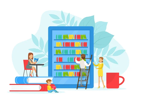 Gente pequeña leyendo libros en la biblioteca, educación, conocimiento, estudio y literatura Concepto Dibujos animados Vector Ilustración — Vector de stock