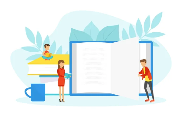 Tiny People Reading Enorme Book, Bibliotheek, Onderwijs, Kennis, Studeren en Literatuur Concept Cartoon Vector Illustratie — Stockvector