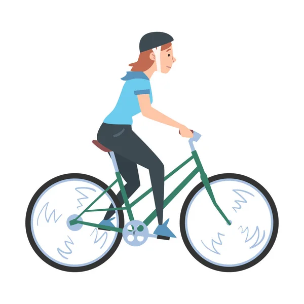 Mujer joven montando bicicletas, Vista lateral de la chica en ropa deportiva y casco de seguridad en bicicleta, Concepto de estilo de vida saludable activo Dibujos animados Estilo Vector Ilustración — Archivo Imágenes Vectoriales