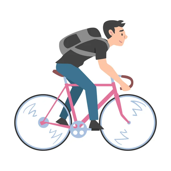 Молодий чоловік їде на велосипедах, вид збоку хлопця з рюкзаком на велосипеді, активний здоровий спосіб життя концепція мультфільму стиль Векторні ілюстрації — стоковий вектор