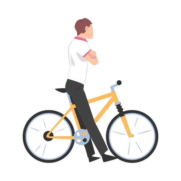 Young Man Sitting on Bike with Folded Hands, Side View Male Cyclist Character on Bicycle, Active Healthy Lifestyle Concept Cartoon Style Vector Illustration — стоковий вектор